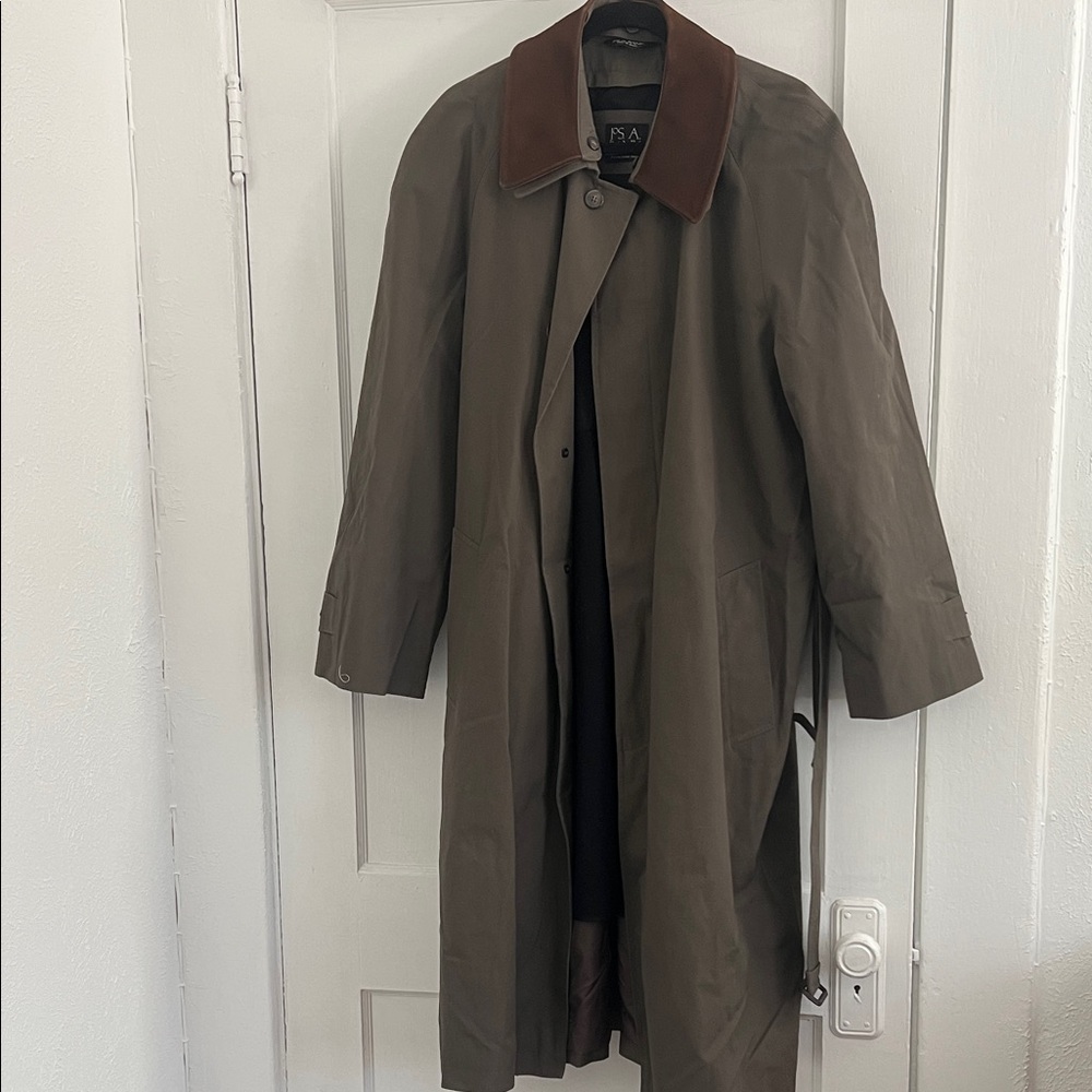 Jos. A. Bank Khaki Trench Coat with Dark Brown Collar